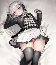 Rule 34 | 1girl, absurdres, bad id, bad pixiv id, black collar, black jacket, black thighhighs, blue eyes, blue hair, blush, censored, checkered clothes, checkered vest, choker, collar, commission, cross, cross choker, crystar, funyo (masa), grey hair, hair between eyes, hair ornament, hatada rei, heart, heart censor, highres, jacket, lace, lace-trimmed legwear, lace-trimmed skirt, lace trim, long hair, long sleeves, looking at viewer, lying, miniskirt, multicolored hair, no panties, nose blush, on back, pleated skirt, skeb commission, skirt, solo, sweat, thighhighs, thighs, two-tone hair, upskirt, very long hair, vest, white skirt