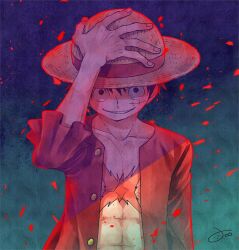Rule 34 | 1boy, aco peda, blue background, frilled sleeves, frills, hand on headwear, hat, looking at viewer, male focus, monkey d. luffy, one piece, red shirt, scar, scar on face, shirt, short hair, signature, smile, solo, straw hat, upper body