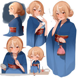 Rule 34 | 1girl, :p, absurdres, alternate costume, blonde hair, blue kimono, blue tongue, blush, brown hair, colored tongue, commentary request, dark-skinned female, dark skin, elf, goldfish scooping, hair bun, highres, holding, holding magnifying glass, hololive, japanese clothes, kimono, kinchaku, long sleeves, looking at viewer, magnifying glass, mikukana133, multicolored hair, multiple views, obi, obiage, obijime, pointy ears, pouch, red eyes, sash, shiranui flare, short hair, single hair bun, smile, streaked hair, tongue, tongue out, virtual youtuber, white hair, yukata