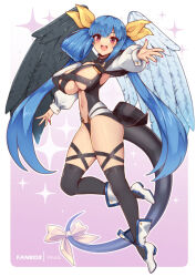 Rule 34 | 1girl, angel wings, bare shoulders, belt, black panties, black thighhighs, blue hair, breasts, cleavage, cleavage cutout, clothing cutout, collarbone, dizzy (guilty gear), fanbox username, full body, guilty gear, guilty gear x, guilty gear xrd, guilty gear xx, hair ribbon, hair rings, large breasts, mature female, midriff, monster girl, nail polish, navel, panties, red eyes, red nails, ribbon, sidelocks, smile, solo, tail, tail ornament, tail ribbon, thick thighs, thighhighs, thighs, twintails, underwear, virus-g, wings, yellow ribbon