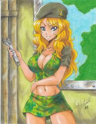 Rule 34 | 1girl, 2020, blonde hair, blue eyes, breasts, cleavage, collarbone, eris (metal slug), hand on own hip, hat, highres, holding, holding wrench, indoors, large breasts, metal slug, metal slug attack, metal slug defense, midriff, military hat, military uniform, navel, ravernclouk design, skirt, snk, solo, traditional media, uniform, wrench