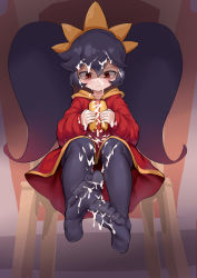 Rule 34 | 1girl, :t, absurdres, aomoro, ashley (warioware), big hair, black hair, black pantyhose, blush, chair, closed mouth, collarbone, cum, cum on body, cum on clothes, cum on feet, cum on food, cum on hair, cum on hands, dress, eyebrows, facial, feet, female focus, food, full body, hair between eyes, hairband, highres, holding, holding food, hot dog, long hair, long sleeves, looking down, nintendo, no shoes, orange hairband, pantyhose, red dress, red eyes, shaded face, sidelocks, sitting, solo, thighs, toes, twintails, warioware