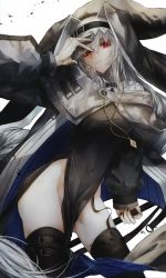 Rule 34 | 1girl, absurdres, arknights, arm up, black dress, black nails, black thighhighs, braid, breasts, buckle, commentary request, contrapposto, cowboy shot, dress, eyebrows hidden by hair, garter straps, habit, hair between eyes, highres, holding, long hair, long sleeves, looking at viewer, medium breasts, nail polish, no panties, nun, off-shoulder dress, off shoulder, pale skin, parted lips, pelvic curtain, red eyes, rosary, safutsuguon, silver hair, simple background, single braid, smile, solo, specter (arknights), thighhighs, very long hair, white background
