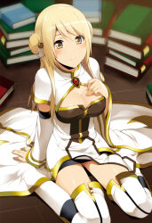 Rule 34 | blonde hair, blush, book, breasts, cleavage, commentary request, cosmic break, detached sleeves, hair bun, hand on own chest, highres, large breasts, long hair, resha (cosmic break), robe, single hair bun, sitting, smile, thighhighs, thighs, wakaba sprout, wariza