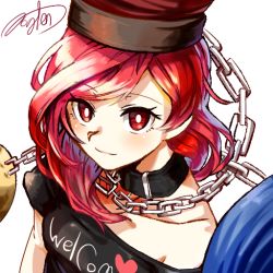 Rule 34 | 1girl, artist name, bare shoulders, clothes writing, earth (ornament), foglen (pwodl), hat, hecatia lapislazuli, long hair, moon (ornament), red eyes, red hair, shirt, signature, sketch, smile, solo, t-shirt, touhou