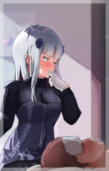 Rule 34 | 1boy, 1girl, blurry, blurry background, blush, closed mouth, cold pack, commission, finger to mouth, girls&#039; frontline, gloves, green eyes, hair ornament, highres, hk416 (girls&#039; frontline), jacket, long hair, long sleeves, sick, sidelocks, silver hair, skeb commission, solokitsune, sweat, white gloves