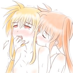 Rule 34 | blonde hair, breasts, cleavage, collarbone, fate testarossa, finger in another&#039;s mouth, kerorokjy, kiss, kissing neck, long hair, lowres, lyrical nanoha, mahou shoujo lyrical nanoha, mahou shoujo lyrical nanoha a&#039;s, moaning, neck, nude, orange hair, red eyes, saliva, simple background, sweat, takamachi nanoha, very long hair, white background, yuri