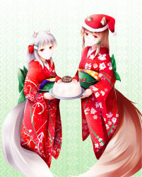 Rule 34 | 2girls, absurdres, animal ears, blush, bow, brown hair, cake, christmas, christmas cake, commentary request, ears through headwear, english text, female focus, food, fudo shin, green bow, hair bow, hair ornament, hairclip, hat, highres, holding, holding cake, holding food, holding plate, holo, japanese clothes, kimono, long hair, looking at viewer, mother and daughter, multiple girls, myuri (spice and wolf), obi, plate, print kimono, red bow, red eyes, red hat, red kimono, santa hat, sash, shinsetsu spice and wolf, silver hair, smile, snowflake print, snowman print, spice and wolf, standing, tail, text focus, wolf ears, wolf girl, wolf tail, yukata