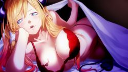 Rule 34 | 1girl, armpits, blonde hair, blue eyes, blush, bra, breasts, cleavage, collarbone, demon girl, demon horns, demon tail, fenrir (fenlil0316), hair ribbon, half-closed eyes, highres, hololive, horns, lace, lace-trimmed bra, lace trim, large breasts, lips, long hair, looking at viewer, navel, on bed, panties, parted lips, pointy ears, red bra, red panties, ribbon, sidelocks, solo, string panties, swept bangs, tail, thong, underwear, underwear only, virtual youtuber, yuzuki choco