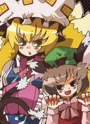 Rule 34 | 2girls, animal ears, blonde hair, blush stickers, brown eyes, brown hair, cat ears, cat girl, cat tail, chachi, chachi (azuzu), chen, claws, earrings, fangs, female focus, fox tail, hat, jewelry, multiple girls, multiple tails, open mouth, tail, touhou, upper body, yakumo ran, yellow eyes