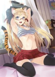 Rule 34 | 1girl, absurdres, animal ears, armpits, arms up, artist name, bare shoulders, bed sheet, black thighhighs, blonde hair, blue eyes, bra, breasts, calendar (object), cat ears, cat tail, collarbone, covered erect nipples, curtains, glasses, highres, indoors, long hair, looking at viewer, medium breasts, midriff, miniskirt, navel, no shoes, on bed, open mouth, original, panties, pleated skirt, red-framed eyewear, red skirt, scan, semi-rimless eyewear, shirt, sitting, skirt, smile, solo, sports bra, striped bra, striped clothes, striped panties, striped sports bra, stuffed animal, stuffed tiger, stuffed toy, tail, teeth, thighhighs, tiger ears, tiger tail, toranoana, underwear, undressing, usatsuka eiji, wariza, window
