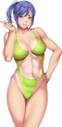Rule 34 | 1girl, abs, bare arms, bare shoulders, blue hair, blush, breasts, cleavage, clothing cutout, covered erect nipples, game cg, great deceiver, green one-piece swimsuit, groin, hand on own hip, index finger raised, large breasts, legs, looking at viewer, navel, navel cutout, one-piece swimsuit, original, parted lips, ponytail, red eyes, sei shoujo, sleeveless, solo, standing, suzuka maki, swimsuit, tan, tanline, thighs, toned, toned female, transparent background