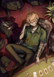Rule 34 | 1boy, 4others, alcohol, arm tattoo, black coat, black footwear, black necktie, black pants, blonde hair, blood, blood on clothes, blood on face, blood stain, card, chain, chain necklace, chair, cindymeimezu, coat, collared shirt, commentary, cup, death, drinking glass, earrings, figure four sitting, green shirt, hair between eyes, highres, jewelry, knife, limbus company, long sleeves, male focus, multiple others, neck tattoo, necklace, necktie, on chair, open mouth, pants, plant, planted, planted knife, planted weapon, playing card, poker chip, project moon, red wine, shirt, shoes, short hair, short sleeves, sinclair (project moon), smile, tattoo, teeth, weapon, white shirt, wine, wine glass, wing collar, yellow eyes