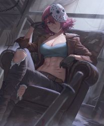 Rule 34 | 1girl, abs, absurdres, black gloves, black pants, blue eyes, breasts, brown jacket, cleavage, collarbone, copyright request, flipped hair, free style (yohan1754), gloves, highres, hockey mask, jacket, jason voorhees, large breasts, long sleeves, looking at viewer, machete, mask, mask on head, open clothes, open jacket, pants, parted lips, pink hair, red hair, short hair, sitting, solo, teeth, torn clothes, torn pants