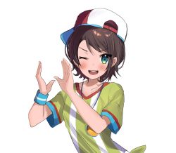 Rule 34 | 1girl, absurdres, backwards hat, baseball cap, blush, bracelet, brown hair, collarbone, green eyes, hair behind ear, hat, highres, hololive, jewelry, maru ccy, oozora subaru, oozora subaru (1st costume), open hands, open mouth, shirt, short hair, smile, solo, striped clothes, striped shirt, v-shaped eyebrows, vertical-striped clothes, vertical-striped shirt, virtual youtuber, white background
