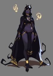 Rule 34 | 1girl, black cape, black hood, breasts, cape, claws, colored skin, commentary, demon horns, earrings, english commentary, forehead jewel, full body, groin, highres, hood, hooded cape, hooves, horns, jewelry, loincloth, navel, necklace, nose piercing, original, piercing, purple skin, ring, small breasts, solo, tarakanovich, yellow eyes