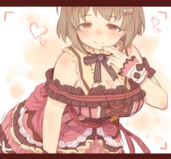 Rule 34 | 1girl, 7010, blush, breasts, brown eyes, brown hair, cleavage, commentary request, dress, frilled dress, frills, hair ornament, hairclip, half-closed eyes, hand to own mouth, heart, idolmaster, idolmaster cinderella girls, large breasts, leaning forward, letterboxed, looking at viewer, mimura kanako, short hair, simple background, solo, tareme, wrist cuffs