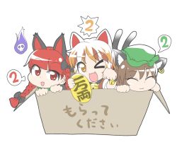 Rule 34 | &gt; o, 3girls, :3, :d, animal ear fluff, animal ears, black bow, blue fire, blunt bangs, bow, box, braid, brown eyes, brown hair, cat day, cat ears, cat tail, chen, fire, goutokuji mike, hair bow, hair ribbon, hitodama, in box, in container, kaenbyou rin, multicolored hair, multiple girls, multiple tails, neck bell, nekomata, one eye closed, open mouth, paw pose, red eyes, red hair, ribbon, simple background, smile, streaked hair, tail, touhou, tress ribbon, twin braids, twintails, two tails, unachika, white background