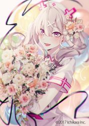 Rule 34 | 1girl, ahoge, bandaged arm, bandages, bouquet, chromatic aberration, commentary, flower, hair ornament, hair over one eye, hat, long hair, looking at viewer, mole, mole under eye, nijisanji, nurse, nurse cap, open mouth, purple eyes, sharp teeth, short sleeves, silver hair, solo, sukoya kana, symbol-only commentary, teeth, tomari (veryberry00), twintails, upper body, virtual youtuber, watermark, white hat, x hair ornament