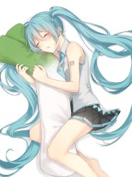 Rule 34 | 1girl, aqua hair, aqua nails, aqua necktie, bare shoulders, barefoot, black skirt, blush, body pillow, closed eyes, commentary request, feet out of frame, grey shirt, hatsune miku, highres, light blush, long hair, lying, nail polish, nanace 0, necktie, hugging object, on side, parted lips, pillow, shirt, shoulder tattoo, skirt, sleeping, sleeveless, sleeveless shirt, solo, spring onion, tattoo, twintails, very long hair, vocaloid, white background