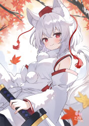 1girl ahase_hino animal_ear_fluff animal_ears autumn_leaves bare_shoulders blurry blurry_foreground blush branch closed_mouth commentary crossed_bangs detached_sleeves dutch_angle hat hat_tassel highres holding holding_sword holding_weapon inubashiri_momiji leaf long_sleeves looking_at_viewer mountainous_horizon pom_pom_(clothes) red_hat shirt short_hair sleeveless sleeveless_shirt smile solo sword tail tokin_hat touhou weapon white_shirt white_sleeves wide_sleeves wolf_ears wolf_girl wolf_tail