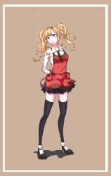 Rule 34 | 1girl, apron, black skirt, black thighhighs, blonde hair, blush, border, braid, brown background, cadyhiki, cigarette, contemporary, dress shirt, granblue fantasy, hair intakes, hairband, hands in pockets, highres, long hair, looking to the side, necktie, pleated skirt, shirt, skirt, sleeves rolled up, smoking, solo, standing, thighhighs, twintails, zeta (granblue fantasy), zettai ryouiki
