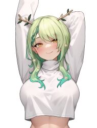 Rule 34 | 1girl, absurdres, antlers, arm behind head, arm up, bluefield, braid, breasts, ceres fauna, closed mouth, cropped sweater, flower, from front, green hair, hair flower, hair ornament, highres, hololive, hololive english, horns, large breasts, long sleeves, looking at viewer, medium hair, midriff, mole, mole under eye, multicolored hair, outstretched arm, smile, solo, sweater, turtleneck, turtleneck sweater, two-tone hair, upper body, virtual youtuber, white background, white sweater, yellow eyes