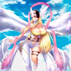 Rule 34 | 1girl, absurdres, angel wings, angewomon, armor, asymmetrical clothes, asymmetrical legwear, bare shoulders, belt, black belt, blonde hair, breastplate, breasts, cameltoe, cleavage, cloud, commentary, covered eyes, day, digimon, digimon (creature), elbow gloves, english commentary, feathers, flying, gloves, head wings, helmet, highres, huge filesize, large breasts, long hair, lovesexieie, mismatched legwear, multiple wings, navel, pink ribbon, ribbon, single glove, sky, solo, thigh strap, white feathers, white footwear, white gloves, white legwear, white wings, wings
