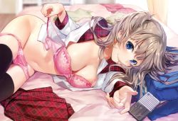 Rule 34 | 1girl, absurdres, bag, black thighhighs, blue eyes, blurry, bra, breasts, cellphone, cleavage, closed mouth, cowboy shot, depth of field, hair in own mouth, highres, hougu souji, huge filesize, indoors, light brown hair, long hair, long sleeves, looking at viewer, lying, md5 mismatch, medium breasts, melonbooks, navel, on bed, on side, open bra, open clothes, open shirt, panties, panty pull, phone, pink bra, pink panties, plaid, plaid skirt, sailor collar, scan, school bag, shirt, skindentation, skirt, unworn skirt, smartphone, smile, solo, thighhighs, third-party edit, two side up, underwear, undressing
