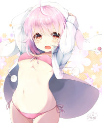 Rule 34 | 1girl, :o, ahoge, animal ears, arms up, bikini, breasts, cameltoe, chita (ketchup), cowboy shot, drawstring, fang, floral background, gluteal fold, groin, hair between eyes, hand on headwear, hands on own head, highres, hood, hooded jacket, jacket, jacket over swimsuit, long sleeves, looking at viewer, medium breasts, navel, original, pink bikini, pink hair, pink ribbon, polka dot, pom pom (clothes), rabbit ears, red eyes, ribbon, see-through, shade, side-tie bikini bottom, signature, skin tight, solo, stomach, string bikini, swimsuit, thigh gap, underboob, white jacket