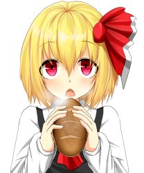 Rule 34 | 1girl, ascot, black dress, blonde hair, bread, chestnut mouth, dress, fang, food, hair ribbon, highres, long sleeves, looking at viewer, open mouth, red eyes, ribbon, rumia, shirt, simple background, solo, touhou, udongein, white background, yamato (muchuu paradigm)