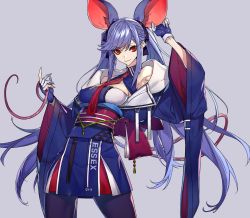 Rule 34 | 1girl, adapted costume, animal ears, armpit peek, azur lane, black pantyhose, black ribbon, blue gloves, blue hair, blue kimono, braid, breasts, closed mouth, clothes writing, collarbone, commentary request, essex (azur lane), fake animal ears, floating hair, french braid, gloves, grey background, hair ribbon, highres, hoe-l, japanese clothes, kimono, large breasts, long hair, long sleeves, looking at viewer, mouse ears, mouse tail, necktie, obi, pantyhose, red eyes, red necktie, ribbon, sash, side braid, sidelocks, simple background, smile, solo, swept bangs, tail, twintails, very long hair, wide sleeves