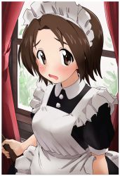 Rule 34 | 1girl, alternate costume, apron, artist name, black dress, blush, brown eyes, brown hair, collared dress, commentary, curtains, dated, dress, enmaided, fanta (the banana pistols), frilled apron, frills, frown, girls und panzer, highres, holding, indoors, looking at viewer, maid, maid apron, maid headdress, medium dress, open mouth, parted bangs, puffy short sleeves, puffy sleeves, sawa azusa, short hair, short sleeves, signature, solo, standing, upper body, white apron, wind, wind lift