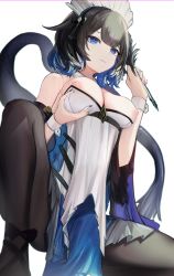 Rule 34 | 1girl, absurdres, arknights, bare shoulders, black hair, black pantyhose, blue dress, blue eyes, blue hair, breast hold, breasts, closed mouth, detached sleeves, dress, duster, feather duster, feet out of frame, highres, kjera (arknights), kjera (ingenious servant) (arknights), large breasts, long sleeves, looking at viewer, maid, maid headdress, mizuhashi parusui, multicolored hair, nail polish, nipple slip, nipples, official alternate costume, pantyhose, short hair, simple background, solo, spread legs, squatting, strapless, strapless dress, tail, two-tone dress, white background, white dress, white hair, wide sleeves, wrist cuffs