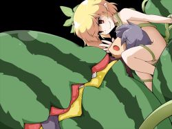 Rule 34 | 1boy, 1girl, blonde hair, breasts, fang, food, fruit, luka (mon-musu quest!), mon-musu quest!, mon-musu quest: paradox, nude, open mouth, small breasts, smile, watermelon