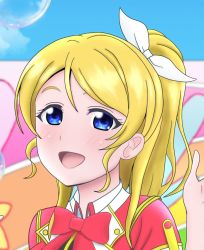 Rule 34 | 1girl, artist request, ayase eli, blonde hair, blue eyes, blue sky, blush, bokura no live kimi to no life, bow, bowtie, breasts, buttons, cloud, collared shirt, day, dress, etzalindex, ezzari (etzalindex), female focus, hair between eyes, hair bow, hair ribbon, long hair, looking at viewer, love live!, love live! school idol project, neck ribbon, neckwear request, outdoors, parted lips, ponytail, red dress, red neckwear, red shirt, ribbon, shirt, short hair, short sleeves, sky, smile, solo, white bow, white ribbon