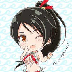 Rule 34 | 1girl, bikini, bikini top only, black hair, blush, breasts, chibi, cleavage, dead or alive, dead or alive xtreme venus vacation, eyeshadow, high ponytail, jewelry, large breasts, long hair, looking at viewer, lowres, makeup, momiji (ninja gaiden), navel, necklace, o-ring bikini top, official art, one eye closed, patterned background, ponytail, smile, standing, swimsuit, tecmo, underboob, upper body, wave print, wink