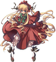 Rule 34 | 00s, 1girl, blonde hair, bloomers, blue eyes, bonnet, bow, bowtie, brooch, cota, frills, gem, green bow, green bowtie, jewelry, long sleeves, looking at viewer, lowres, rozen maiden, shinku, sidelocks, simple background, solo, standing, twintails, underwear, white background, white bloomers