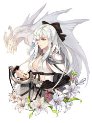 Rule 34 | 1boy, 1girl, bow, breasts, cleavage, drag-on dragoon, drag-on dragoon 3, dragon, flower, flower eyepatch, flower over eye, gauntlets, hair bow, kllsiren, medium breasts, mikhail (drag-on dragoon), red eyes, ribbon, simple background, sword, weapon, white background, white hair, zero (drag-on dragoon)