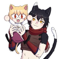 Rule 34 | &lt;|&gt; &lt;|&gt;, 2girls, :3, :d, absurdres, animal ears, armor, artist name, black hair, blonde hair, body fur, cat ears, cat girl, cat tail, chibi, commentary, crossover, dungeon meshi, english commentary, hands up, highres, izutsumi, leather armor, long sleeves, meowmei, multiple girls, neco-arc, open mouth, pointy ears, purple skirt, red eyes, red scarf, scarf, short hair, simple background, skirt, smile, sweater, tail, trait connection, tsukihime, upper body, white background, white sweater
