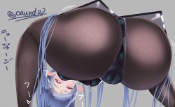 Rule 34 | 1girl, animal ears, artist name, ass, ass focus, azur lane, black leotard, black pantyhose, blush, breasts, fake animal ears, heart, heart-shaped pupils, highres, large breasts, leotard, long hair, looking at viewer, new jersey (azur lane), new jersey (exhilarating steps!) (azur lane), official alternate costume, pantyhose, paundo2, playboy bunny, rabbit ears, simple background, solo, squatting, symbol-shaped pupils, translation request, very long hair