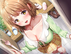Rule 34 | 1girl, :d, blonde hair, blush, boots, braid, breasts, brown footwear, brown hair, cleavage, closed umbrella, collarbone, commentary request, copyright request, dutch angle, green shirt, hair ribbon, highres, indoors, large breasts, long sleeves, looking at viewer, miniskirt, open door, open mouth, plaid, plaid skirt, plant, potted plant, red ribbon, ribbon, shirt, short hair, side braid, skirt, slippers, smile, solo, standing, tiles, umbrella, white footwear, wooden floor, yellow skirt, yutsuki tsuzuri, yuzuki tsuzuru