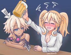 Rule 34 | 2girls, alcohol, alternate breast size, alternate costume, arm up, bare shoulders, beer, beer mug, breasts, cleavage, collared shirt, commentary, croire, cup, dark-skinned female, dark skin, detached sleeves, drunk, endlesstsubaki, english commentary, english text, closed eyes, frown, hair between eyes, histoire, long hair, looking at another, medium hair, mug, multiple girls, neptune (series), no wings, open mouth, shin jigen game neptune vii, shirt, short hair, signature, smile, twintails, white shirt