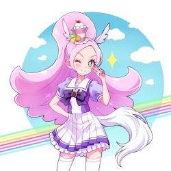 Rule 34 | 1girl, ;), animal ears, bow, bowtie, closed mouth, cowboy shot, green eyes, high ponytail, highres, horse ears, horse tail, kirahoshi ciel, kirakira precure a la mode, kyoutsuugengo, layered skirt, long hair, miniskirt, one eye closed, parted bangs, pink hair, pleated skirt, precure, purple bow, purple bowtie, purple shirt, sailor collar, sailor shirt, shirt, short sleeves, skirt, smile, solo, standing, tail, thighhighs, v over eye, very long hair, white sailor collar, white skirt, white thighhighs, zettai ryouiki