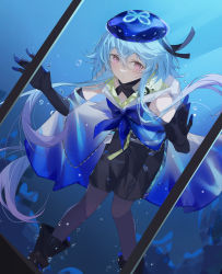 Rule 34 | 1boy, absurdres, arknights, black footwear, black gloves, black pantyhose, black shirt, black shorts, blue background, blue hair, blue hat, blue neckerchief, boots, bubble, crossed bangs, elbow gloves, gloves, hair between eyes, hat, high tops, highres, looking at viewer, male focus, mizuki (arknights), neckerchief, pantyhose, pantyhose under shorts, pink eyes, pink hair, shirt, shoes, short hair with long locks, shorts, sleeveless, sleeveless shirt, sneakers, solo, trap, underwater, yiyizi