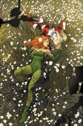 Rule 34 | 2girls, batman (series), blonde hair, breasts, cleavage, colored skin, comic cover, commentary, cover image, dan mora, dc comics, english commentary, eyeshadow, flower, from above, gloves, green leggings, harley quinn, highres, large breasts, leggings, leotard, lily (flower), long hair, looking at another, lying, makeup, midriff, multiple girls, official art, on back, on grass, on ground, poison ivy, red hair, smile, twintails, western comics (style), yuri