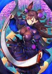 Rule 34 | 1girl, breasts, brown hair, calligraphy brush, closed mouth, cone hair bun, double bun, dress, fate/grand order, fate (series), flower, flower request, hair bun, highres, holding, juliet sleeves, kotoribako, large breasts, long dress, long hair, long sleeves, looking at viewer, murasaki shikibu (fate), paintbrush, puffy sleeves, purple dress, purple eyes, scroll, smile, solo, wide sleeves