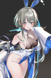 Rule 34 | 1girl, absurdres, bare shoulders, blue eyes, breasts, brown hair, covered navel, detached sleeves, dress, flower, genshin impact, grey hair, guizhong (genshin impact), hair between eyes, hair ornament, highres, long hair, long sleeves, looking at viewer, medium breasts, nipples, open mouth, pottsness, see-through, short hair with long locks, sleeves past fingers, sleeves past wrists, solo, thighs, twitter username, white dress, wide sleeves