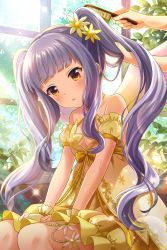 Rule 34 | 1girl, alternative girls, bare shoulders, blunt bangs, blush, breasts, brushing another&#039;s hair, brushing hair, comb, day, detached sleeves, dress, flower, gloves, grey hair, hair flower, hair ornament, highres, hiiragi tsumugi, holding, holding comb, indoors, long hair, official art, parted lips, plant, puffy detached sleeves, puffy short sleeves, puffy sleeves, short sleeves, sitting, small breasts, solo focus, sparkle, twintails, very long hair, yellow dress, yellow eyes, yellow flower, yellow gloves