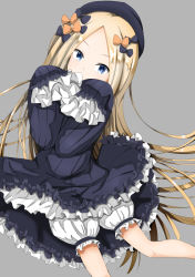 Rule 34 | 1girl, abigail williams (fate), black bow, black dress, black hat, blonde hair, bloomers, blue eyes, bow, commentary request, covered mouth, dress, fate/grand order, fate (series), forehead, grey background, hair bow, hands up, hat, highres, long hair, long sleeves, luluhavinera, orange bow, parted bangs, simple background, sleeves past fingers, sleeves past wrists, solo, underwear, v-shaped eyebrows, very long hair, white bloomers